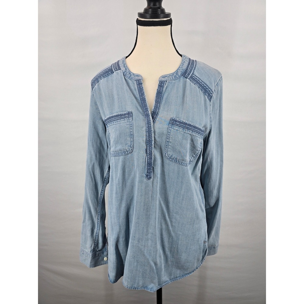 Eddie Bauer Tranquil Embroidered Popover Top Tencel Blue Bleached Denim Small